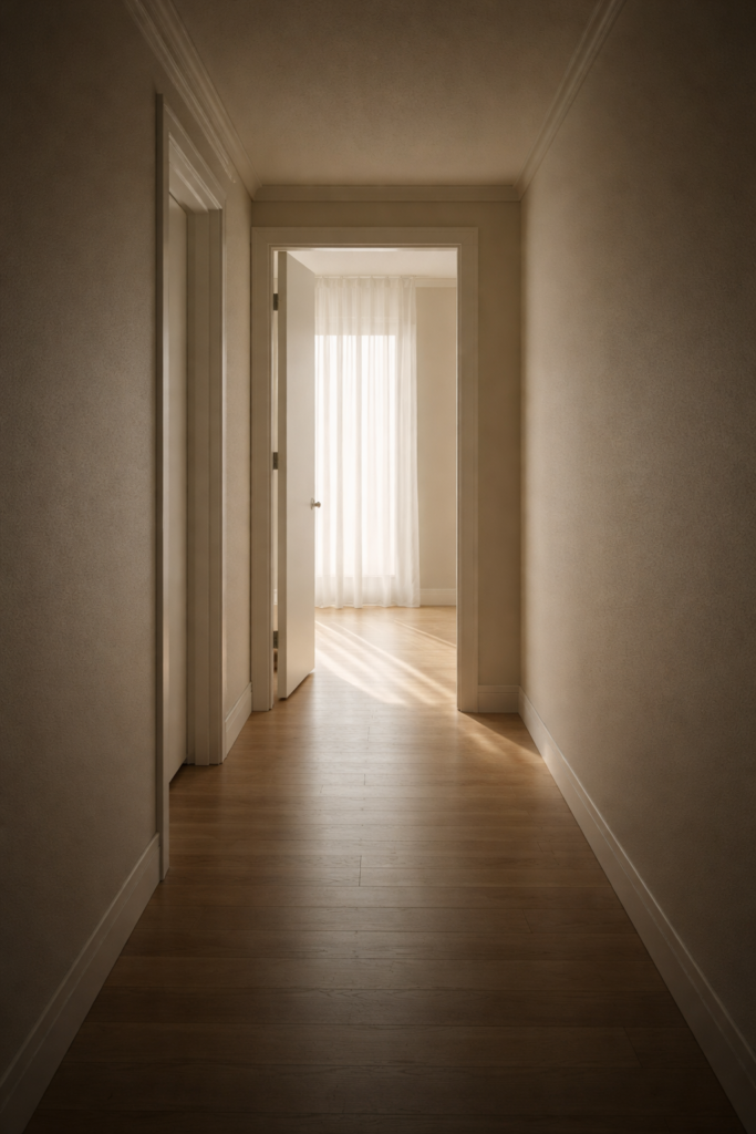 A quiet, sunlit hallway with an open doorway, suggesting movement without urgency.