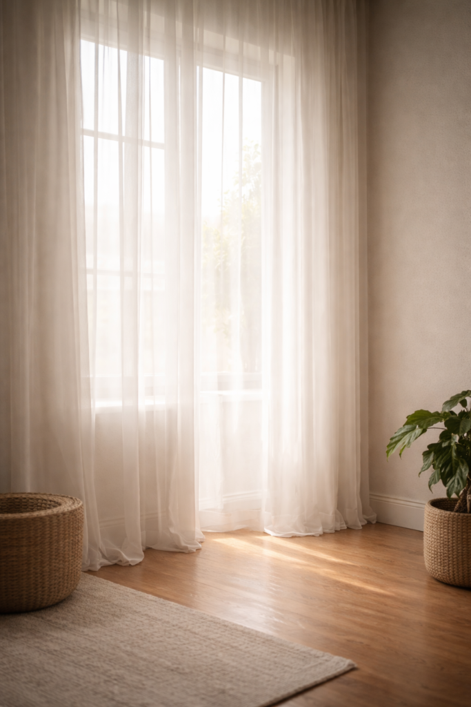 Soft daylight filtering through sheer curtains, allowing light in while obscuring details.