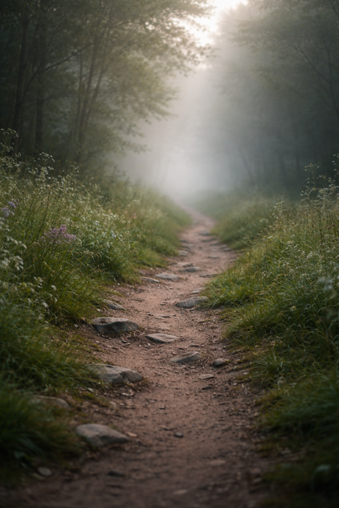 Misty woodland path with uneven ground and wildflowers, partially obscured by fog.
