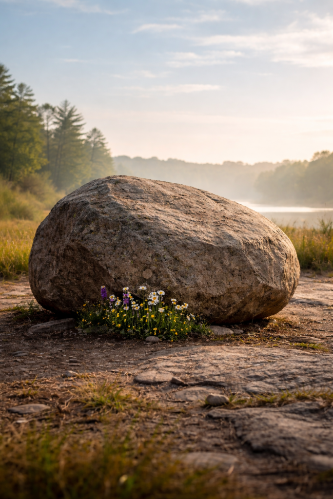 A large weathered rock resting on stable ground, with a small cluster of wildflowers growing at its base in a quiet landscape.