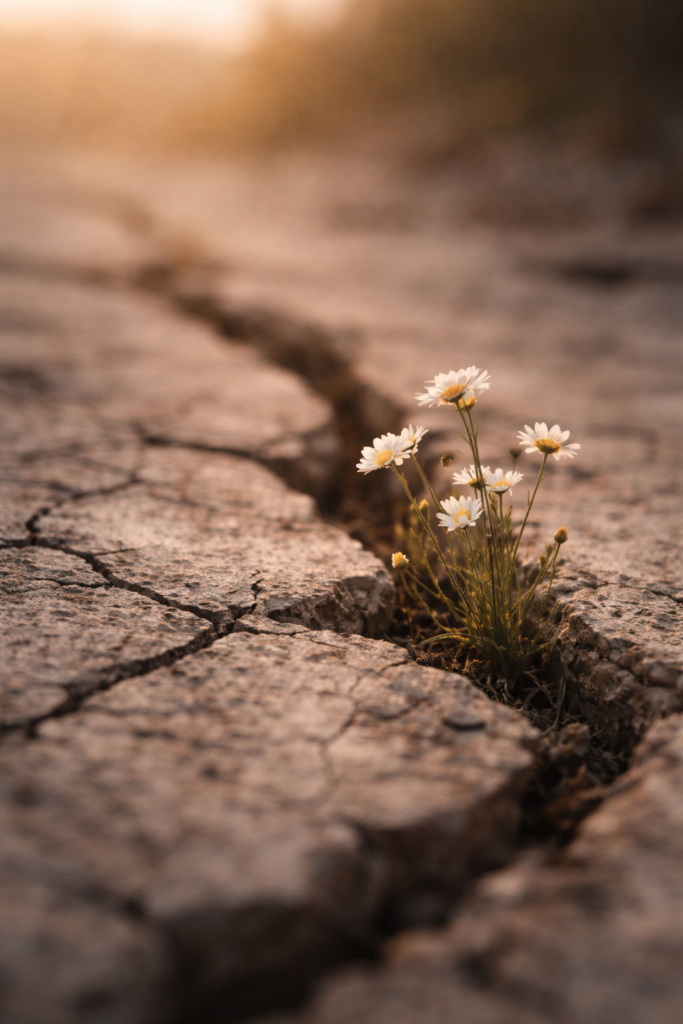 Delicate white wildflowers growing through cracked earth, symbolizing endurance and quiet strength after loss.