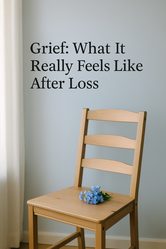 Empty wooden chair with forget-me-not flowers symbolizing grief and remembrance.
