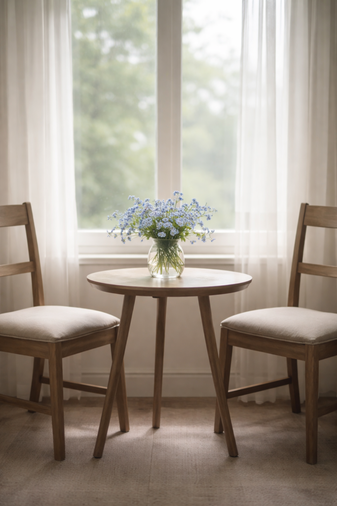 Tow simple chairs facing a small table with a bouquet of blue forget-me-nots, set in front of a softly lit window with sheer curtains.