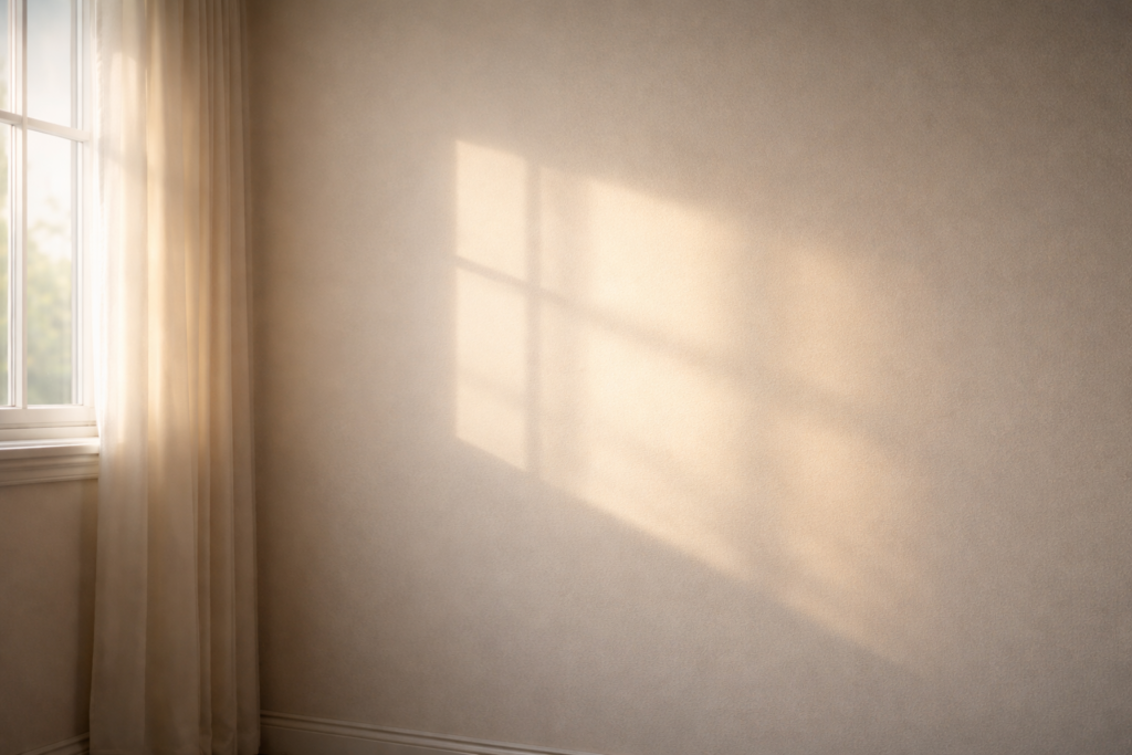 Soft window light casting shadows on a quiet wall, suggesting stillness and time passing.