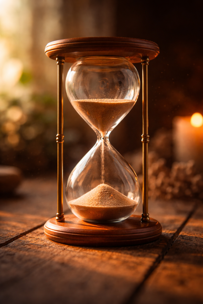 An hourglass with sand suspended mid-fall in soft light, symbolizing how time stretches, blurs, and behaves differently during grief.