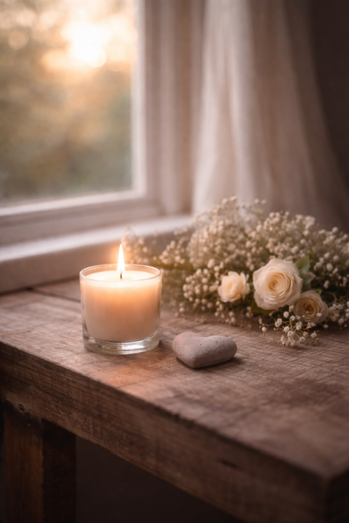 A wooden table near a window with soft natural light, a lit candle, simple flowers, and a small heart-shaped stone.