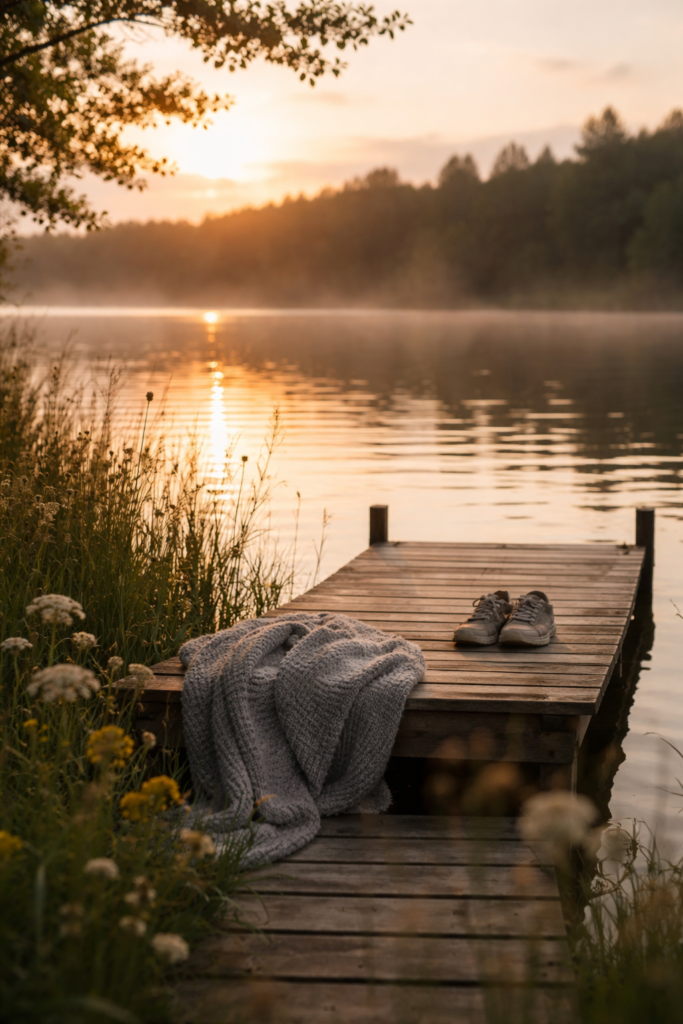 A quiet lakeside scene at dusk with still water and soft light, reflecting how life continues differently after loss.