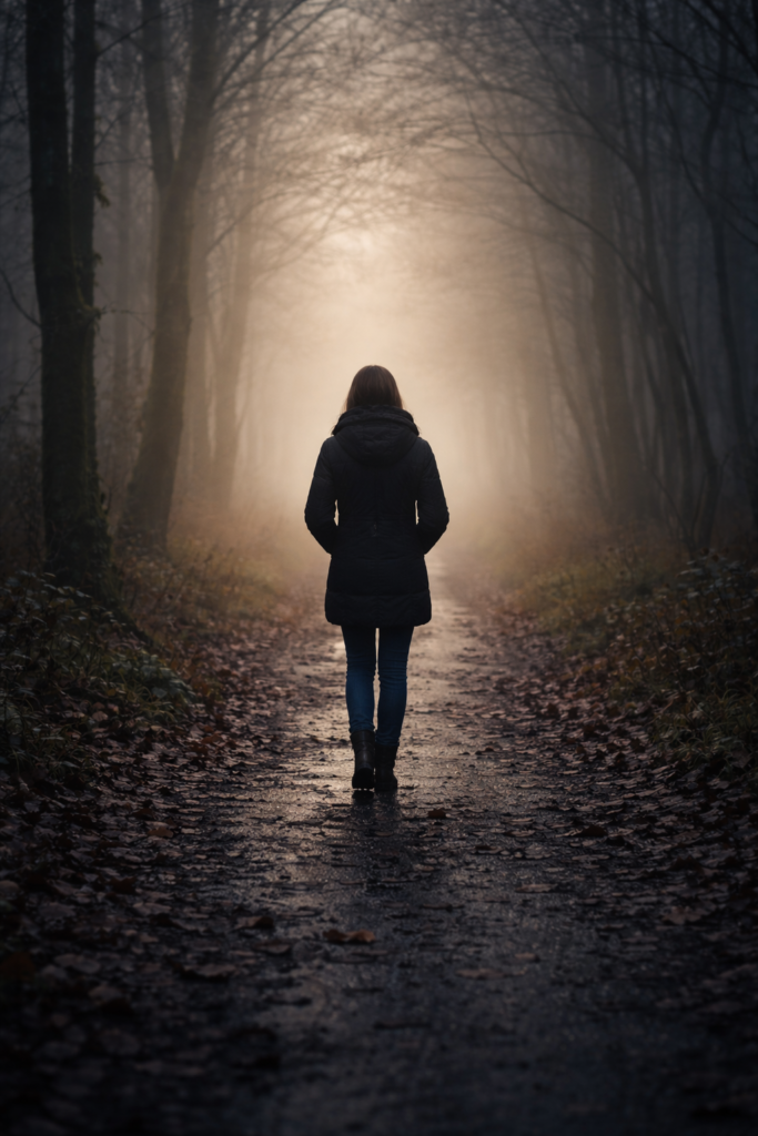 A solitary figure walking slowly along an uneven path in dim light, symbolizing grief, withdrawal, and moving forward without explanation after loss.