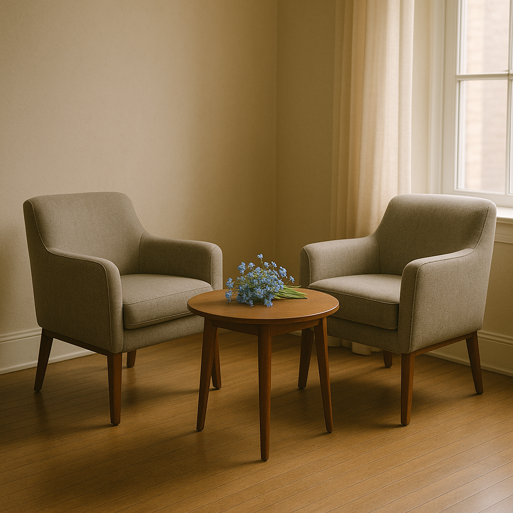 Two upholstered chairs facing each other with small wooden table between them, holding a bundle of forget-me-not flowers in a softly lit, quiet room.
