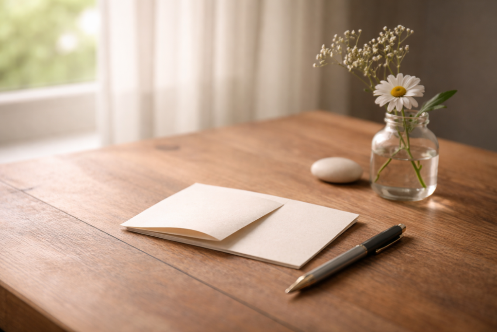 A softly lit wooden table near a window with a pen, paper, and a single flower.