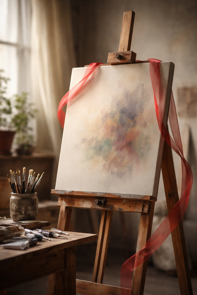 Softly lit artist’s easel with an unfinished canvas in a quiet room, representing creative presence and lasting gifts after loss