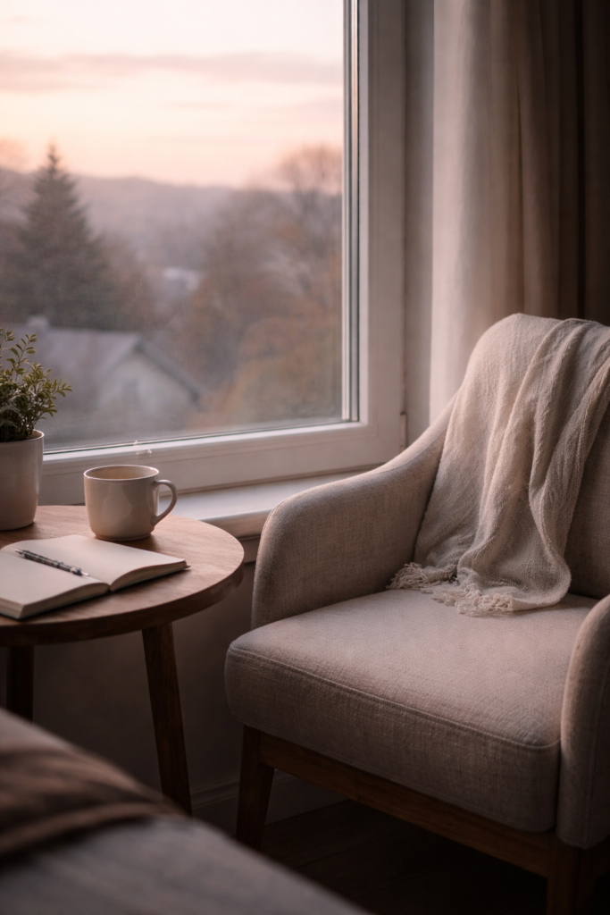 An empty chair by a window with a notebook and coffee, representing the quiet aftermath of holding a personal boundary.