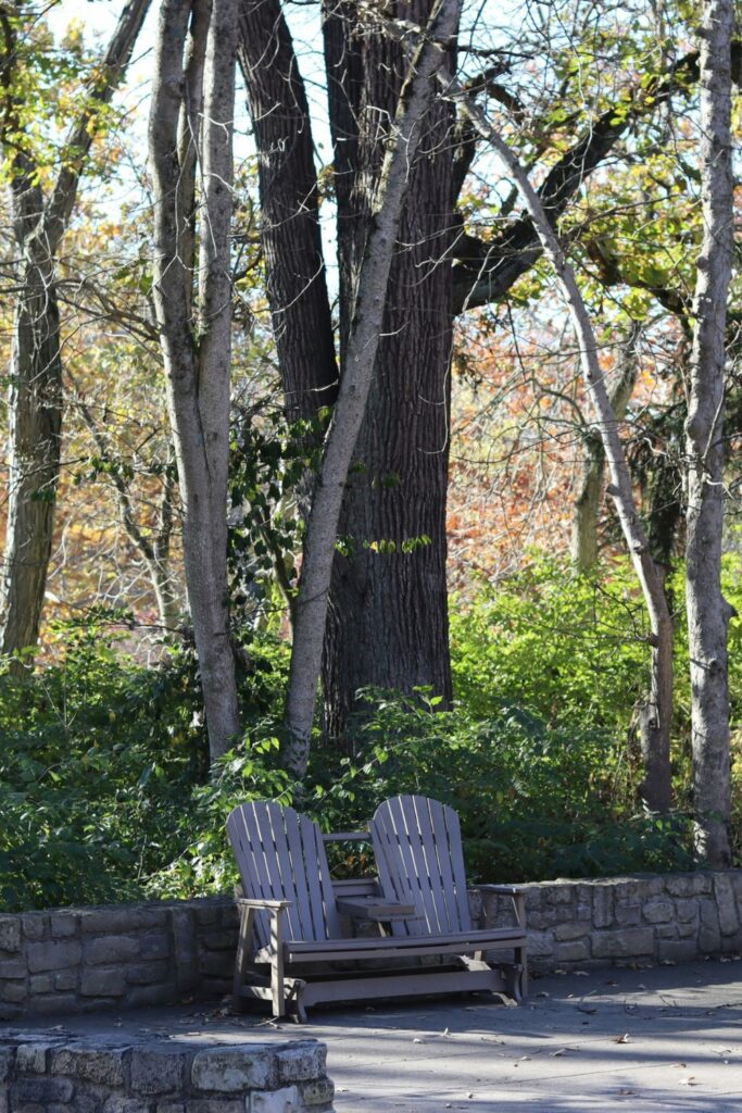 Two empty chairs along a stone path in a quiet park surrounded by trees