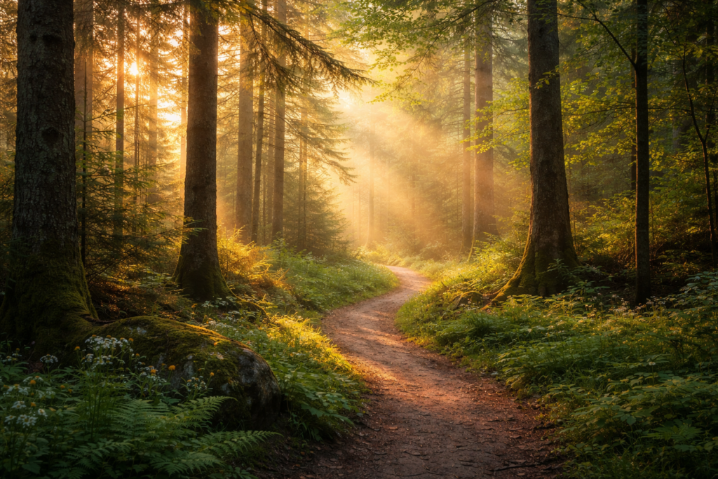 Soft sunlight filtering through a quiet forest, illuminating a winding path and suggesting clarity emerging over time.