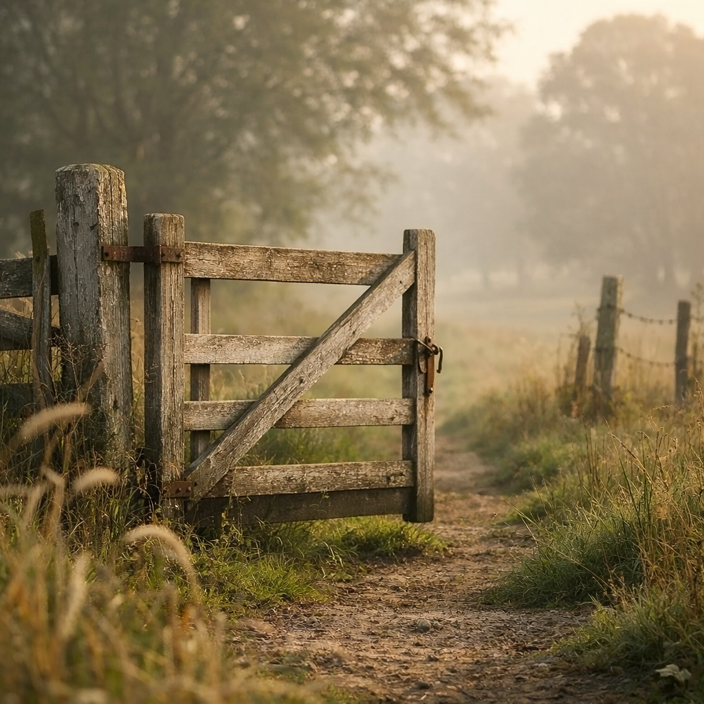 A weathered wooden gate standing open along a narrow path, surrounded by grass and trees in soft natural light.