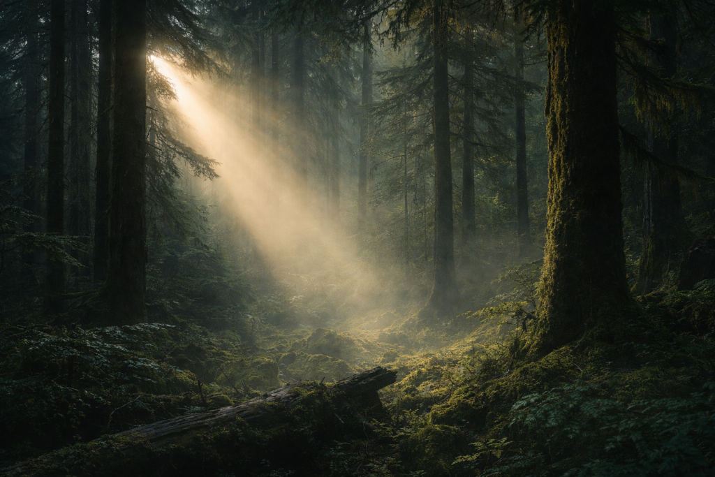 A quiet forest path with soft light filtering through trees, suggesting endurance, containment, and the moment strain becomes visible.