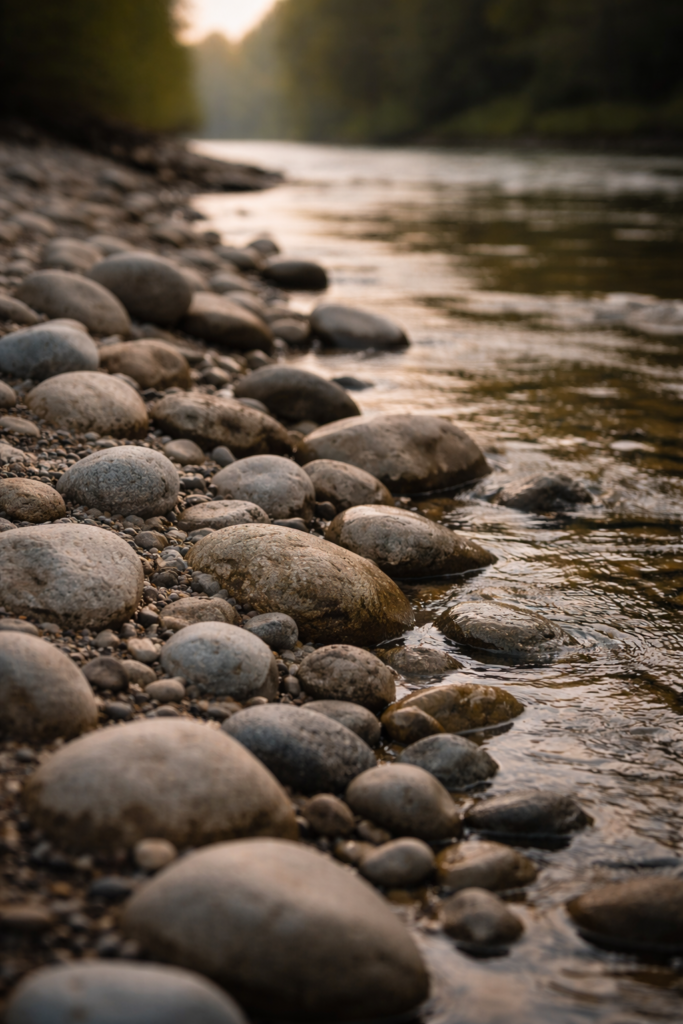 Smooth river stones shaped by constant water flow, symbolizing quiet endurance and accumulated cost